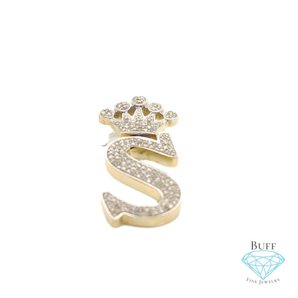 10K Yellow Gold Diamond S Letter Charm With Crown Small Size