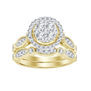 LADIES BRIDAL RING SET 1 CT ROUND DIAMOND 14K YELLOW GOLD