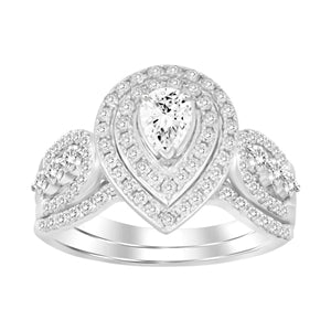 LADIES BRIDAL RING SET 1 CT ROUND/PEAR DIAMOND 14K WHITE GOLD
