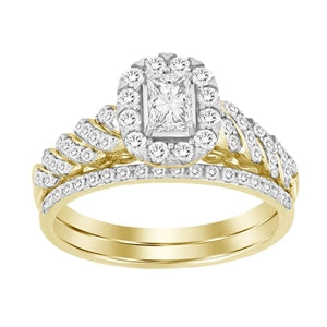 LADIES BRIDAL RING SET 1 CT ROUND/EMERALDA DIAMOND 14K YELLOW GOLD