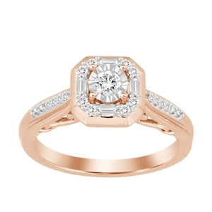 LADIES ENGAGEMENT RING 1/4 CT ROUND/BAGUETTE DIAMOND 10K ROSE GOLD