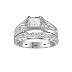 LADIES BRIDAL RING SET 1 CT ROUND/PRINCESS DIAMOND 14K WHITE GOLD