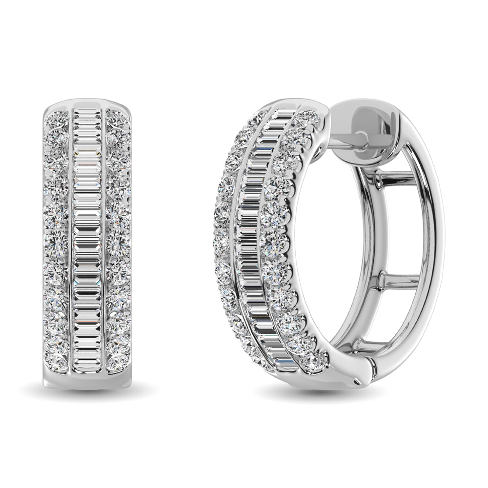 14K White Gold Round and Baguette Diamond 1/2 Ct.Tw. Hoop Earrings