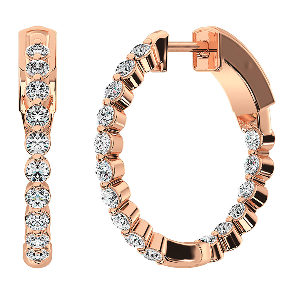 14K Rose Gold 1 5/8 Ct.Tw. Diamond Round Set Hoop Earrings