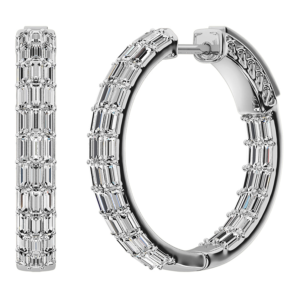 14K White Gold 1 Ct.Tw. Diamond Baguette Set Hoop Earrings