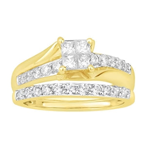 LADIES BRIDAL RING SET 1 CT ROUND/PRINCESS DIAMOND 14K YELLOW GOLD