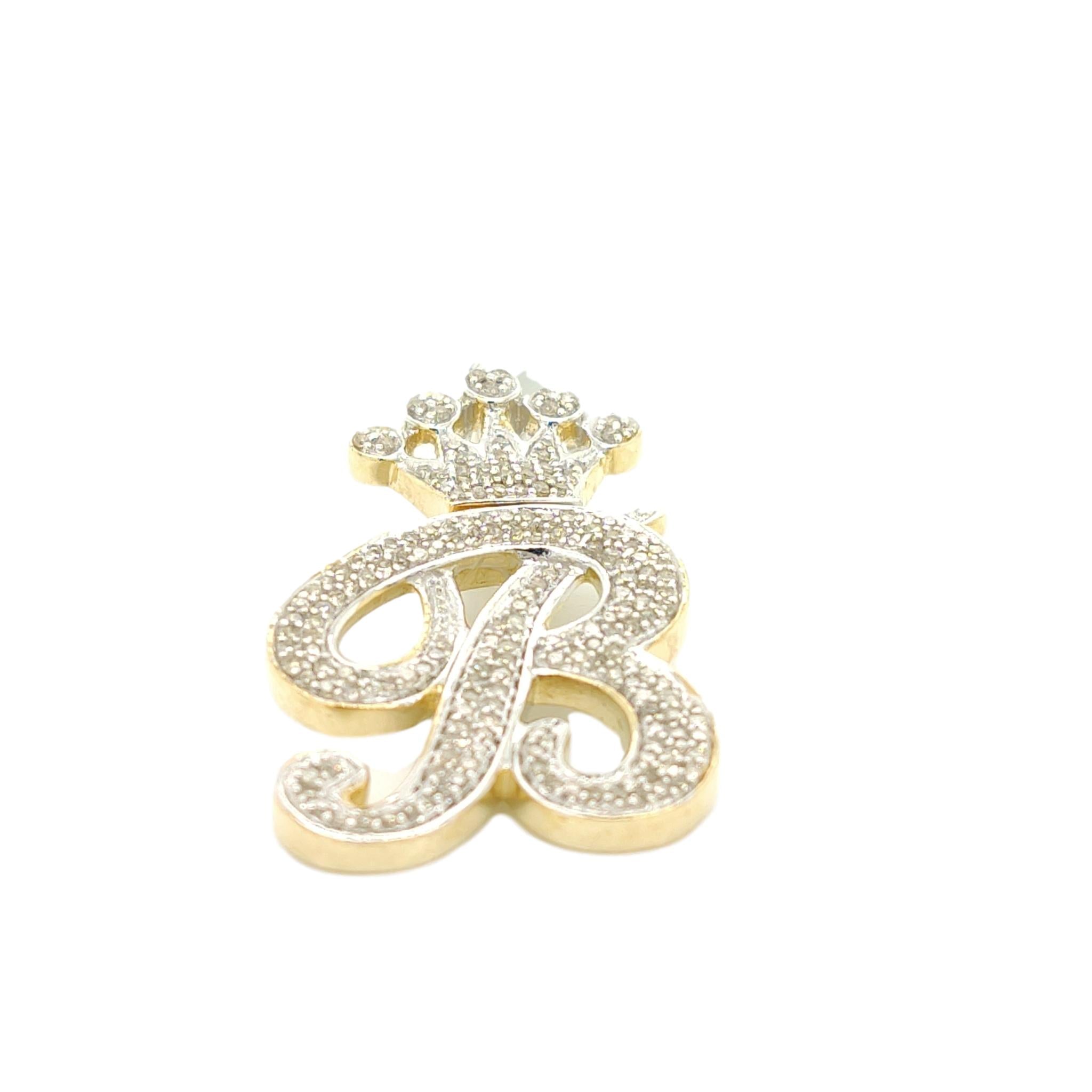 10K Yellow Gold Diamond B Letter Charm with Crown Small Size