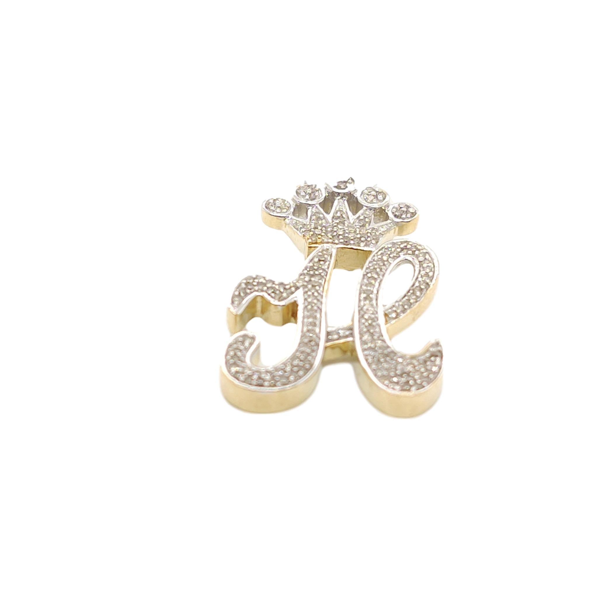 10K Yellow Gold Diamond H Letter Charm with Crown Small Size