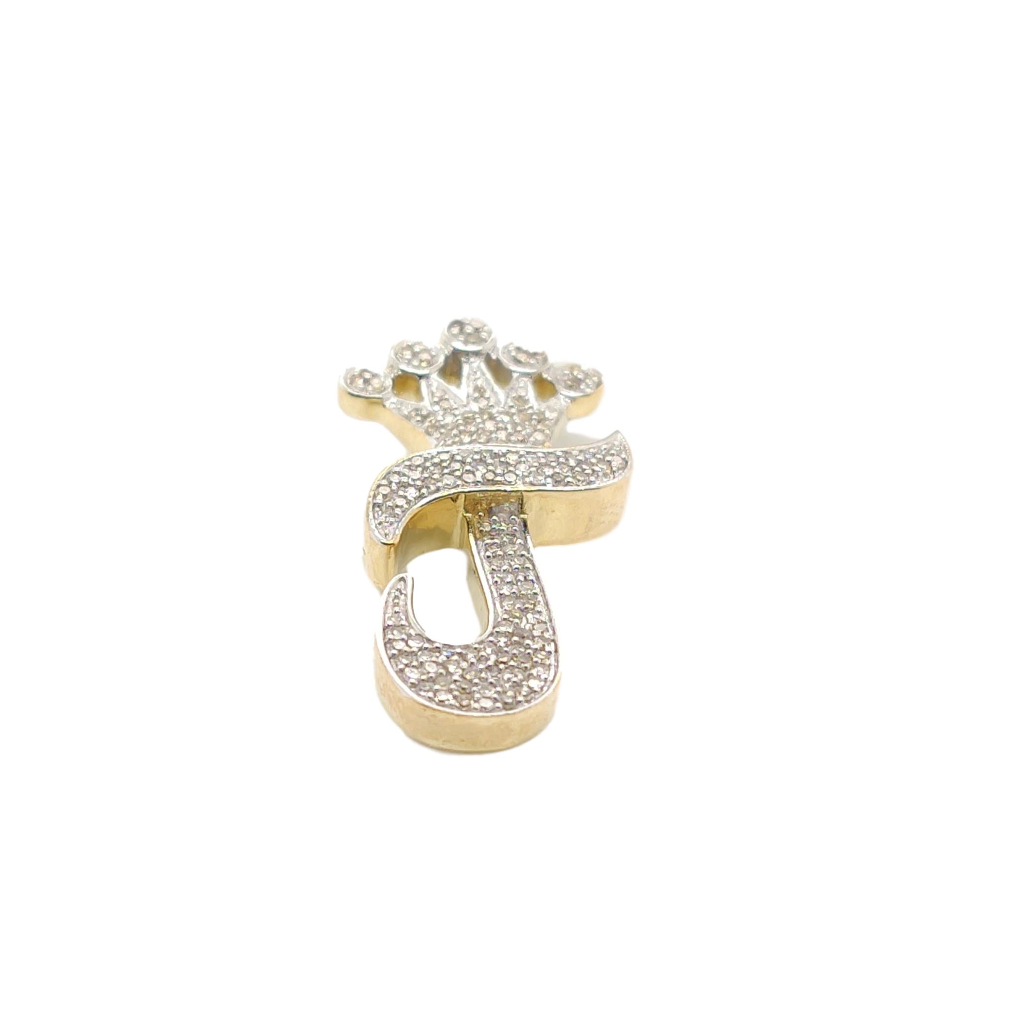 10K Yellow Gold Diamond J Letter Charm with Crown Small Size