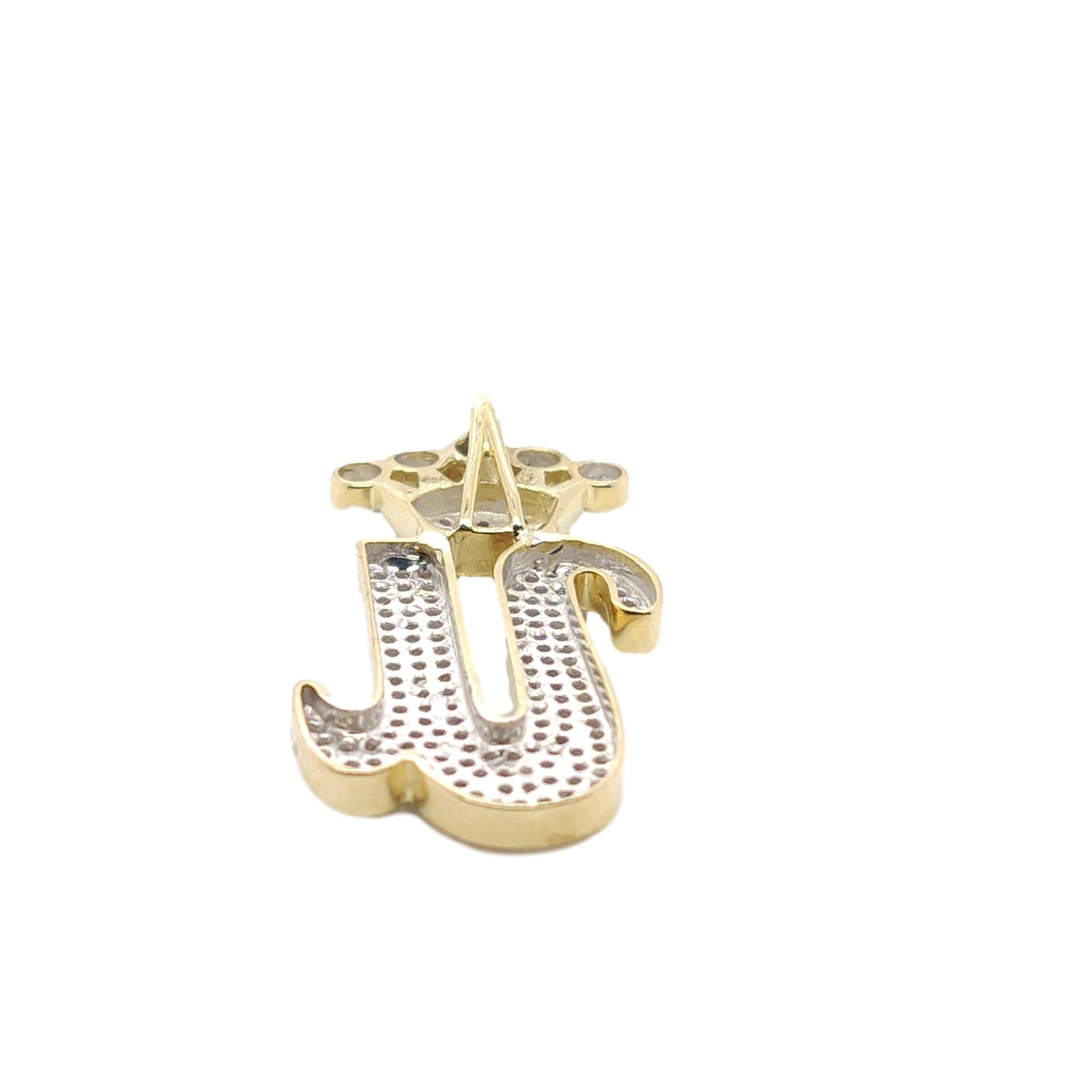 10K Yellow Gold Diamond U Letter Charm with Crown Small Size
