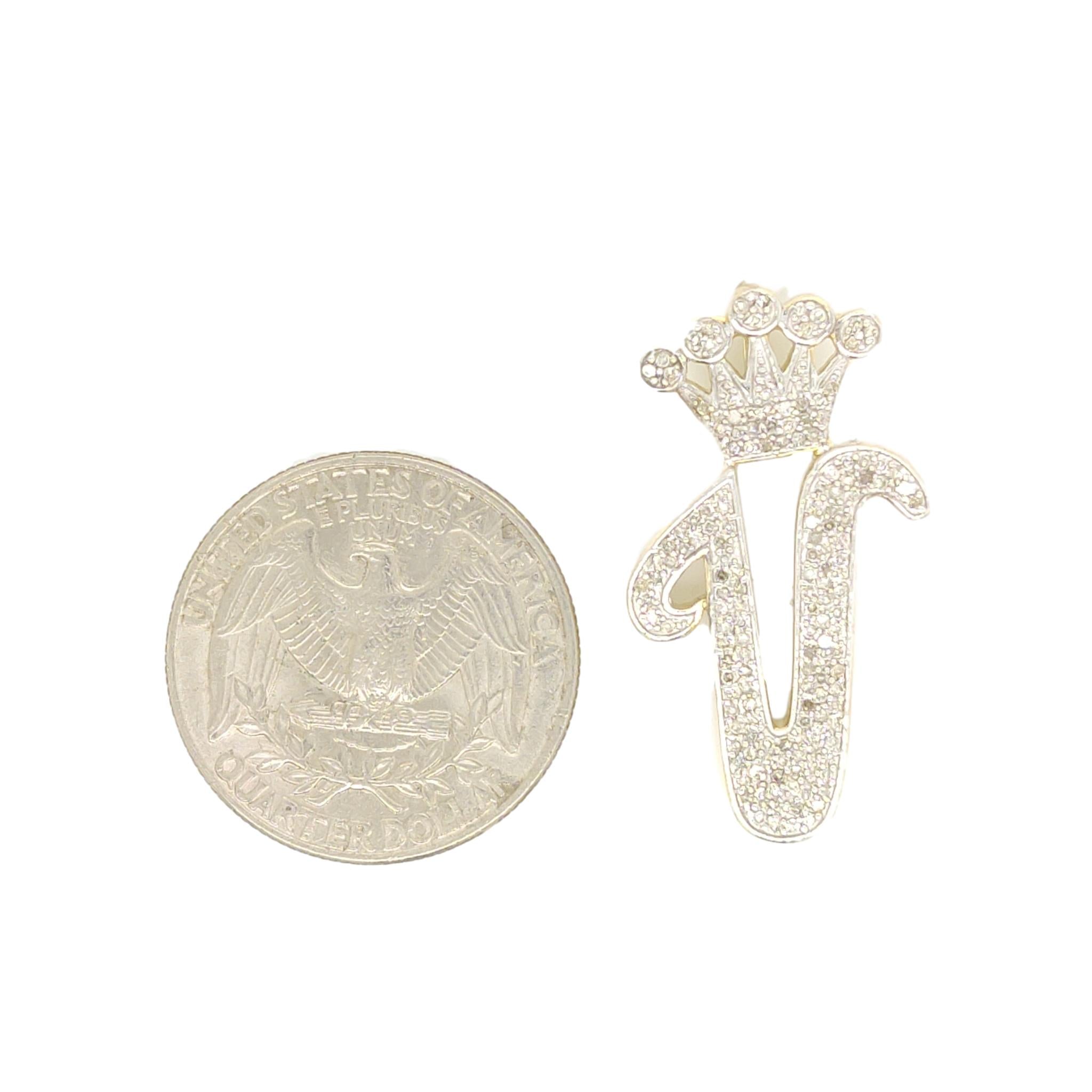 10K Yellow Gold Diamond V Letter Charm with Crown Small Size