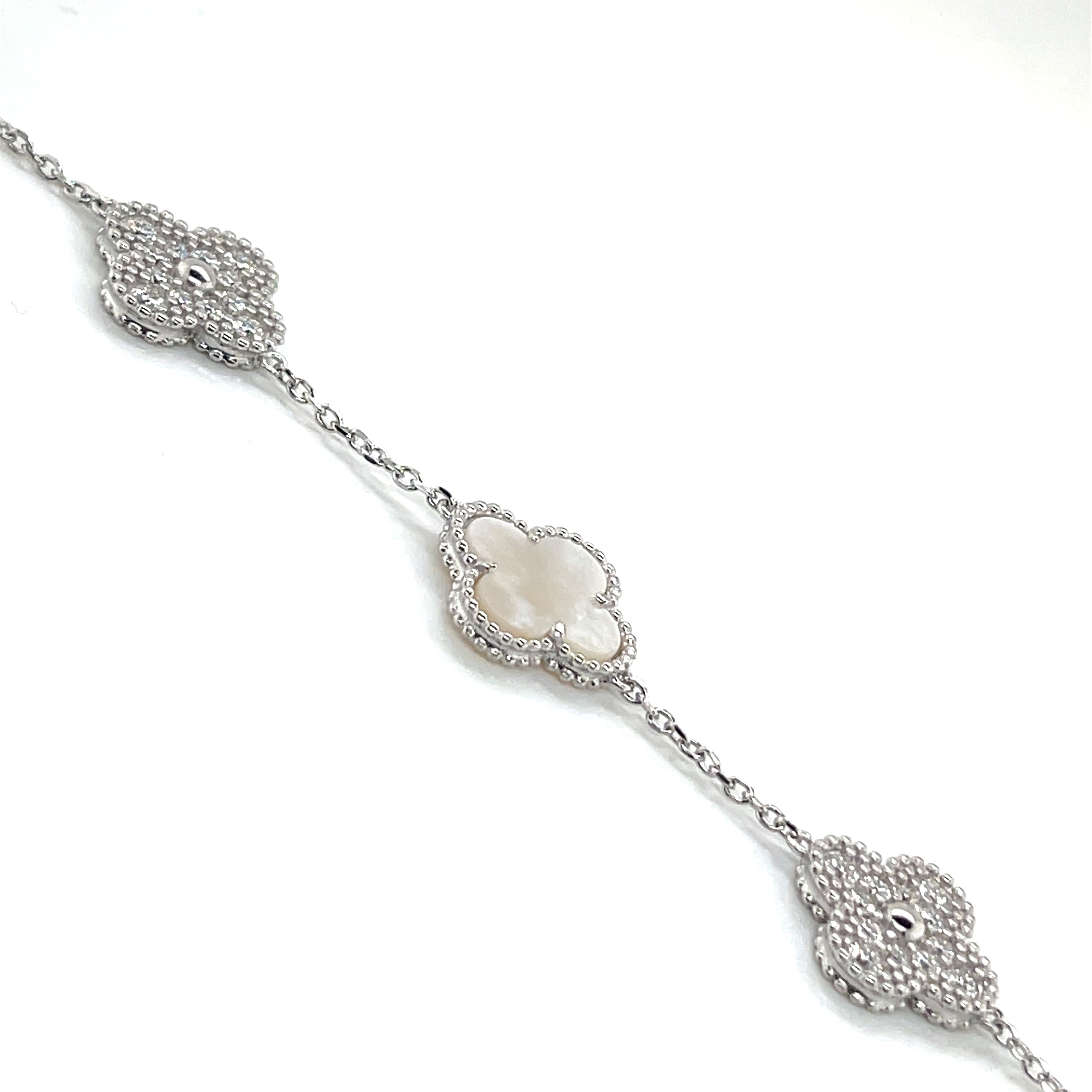 Silver Mother of Pearl and Moissanite Clover Bracelet