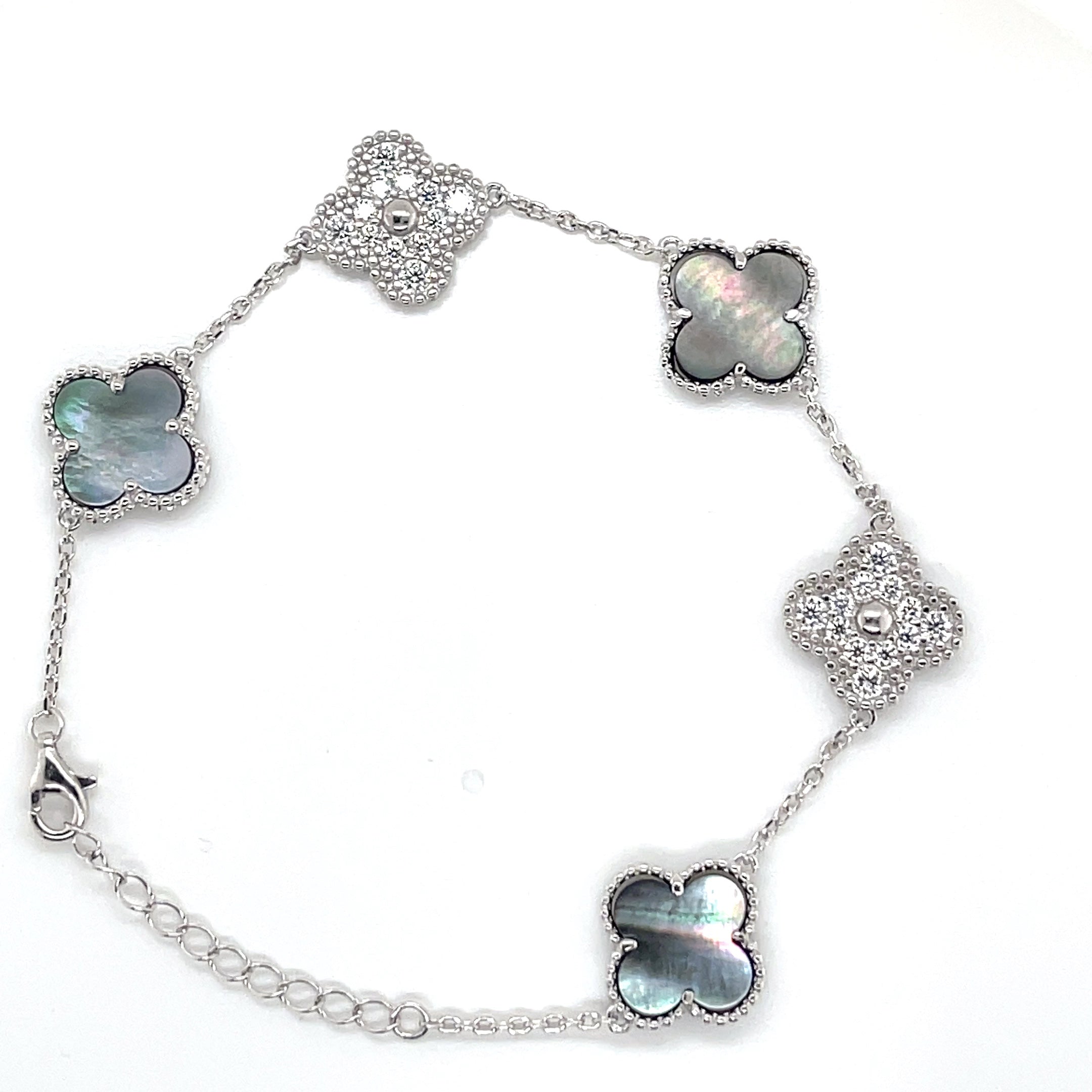 Silver Black Mother of Pearl and Moissanite Clover Bracelet