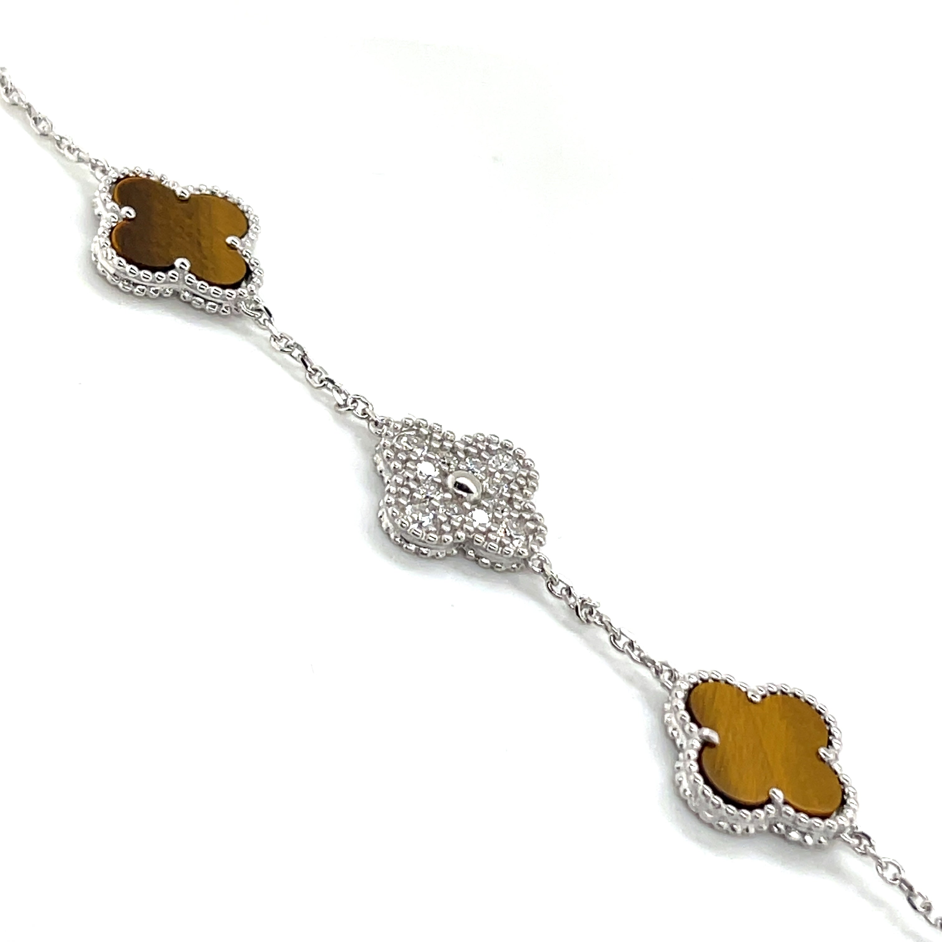 Silver Tigers Eye and Moissanite Clover Bracelet