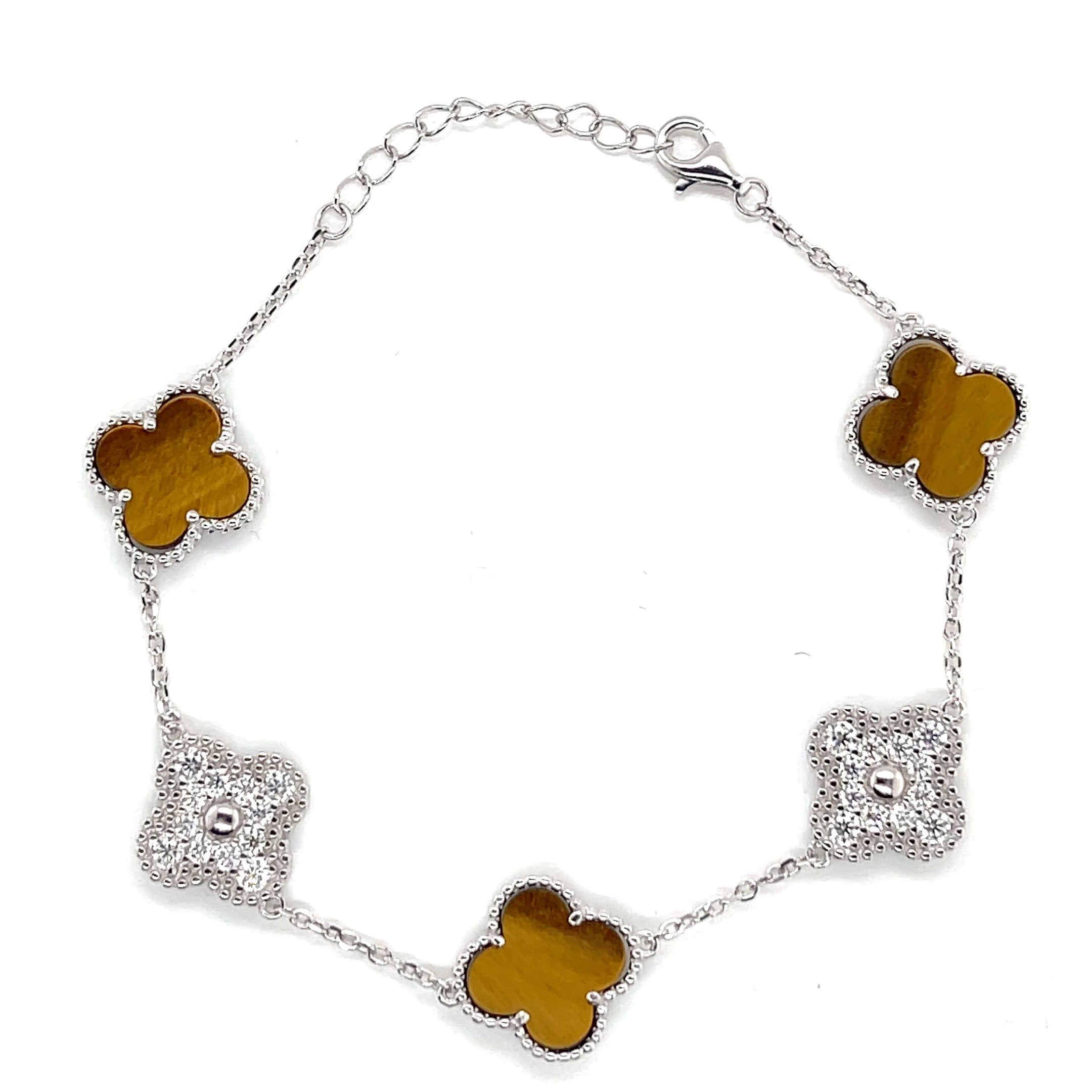 Silver Tigers Eye and Moissanite Clover Bracelet