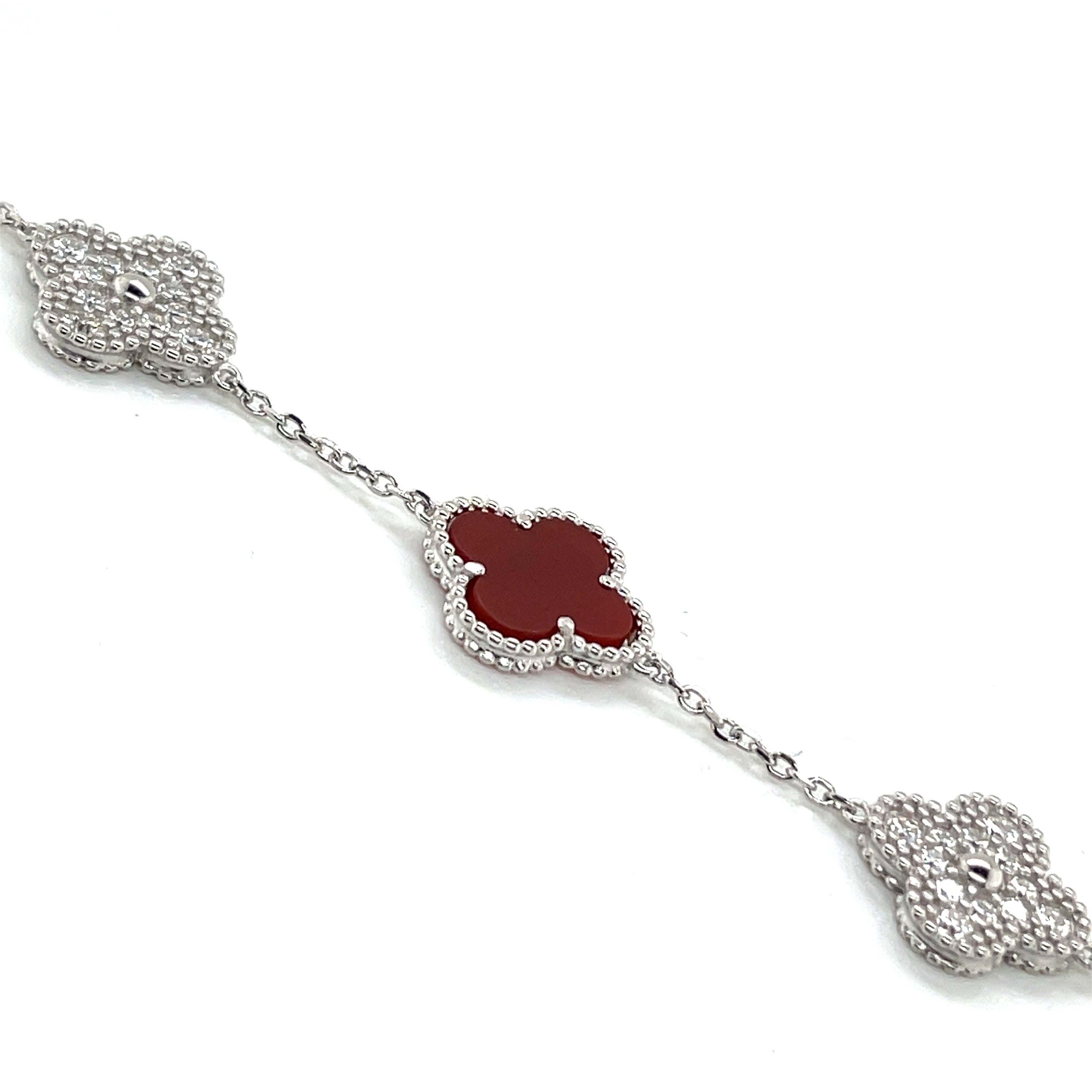 Silver Red and Moissanite Clover Bracelet