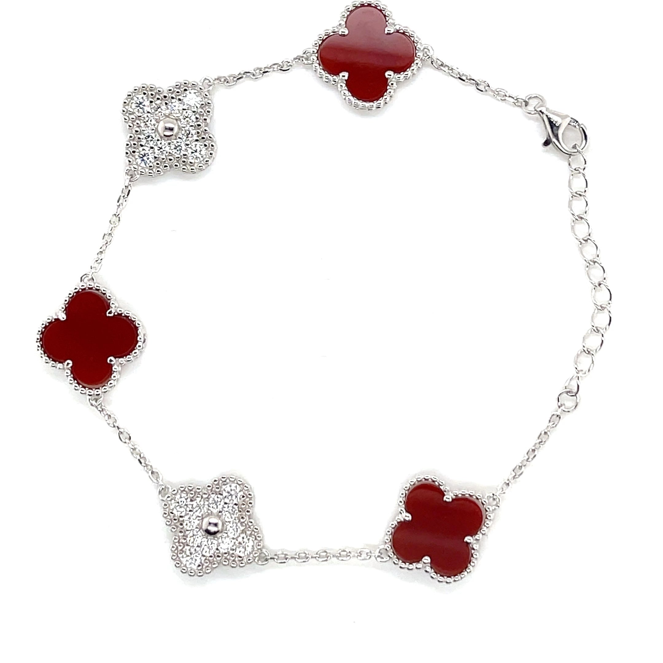 Silver Red and Moissanite Clover Bracelet