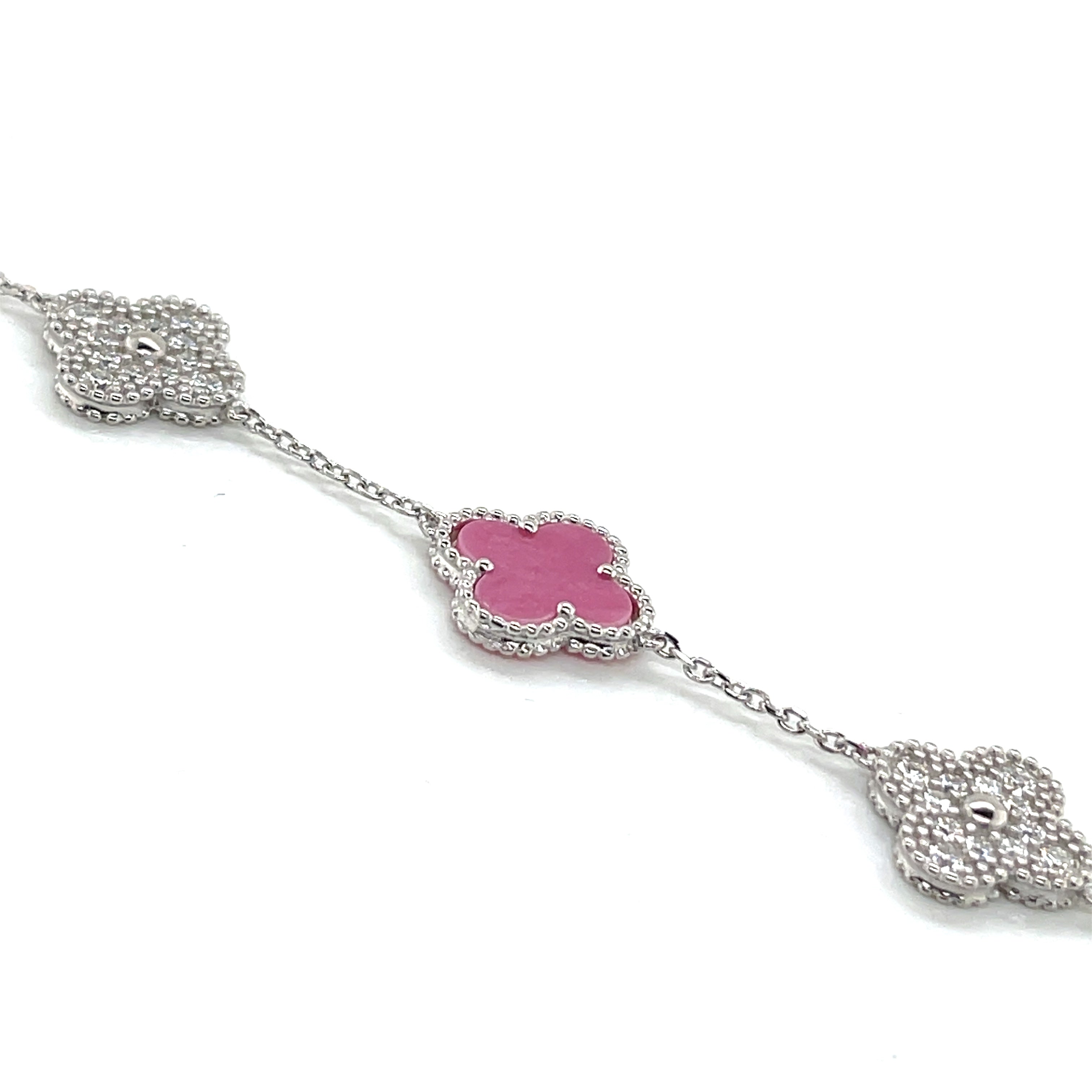 Silver Pink and Moissanite Clover Bracelet