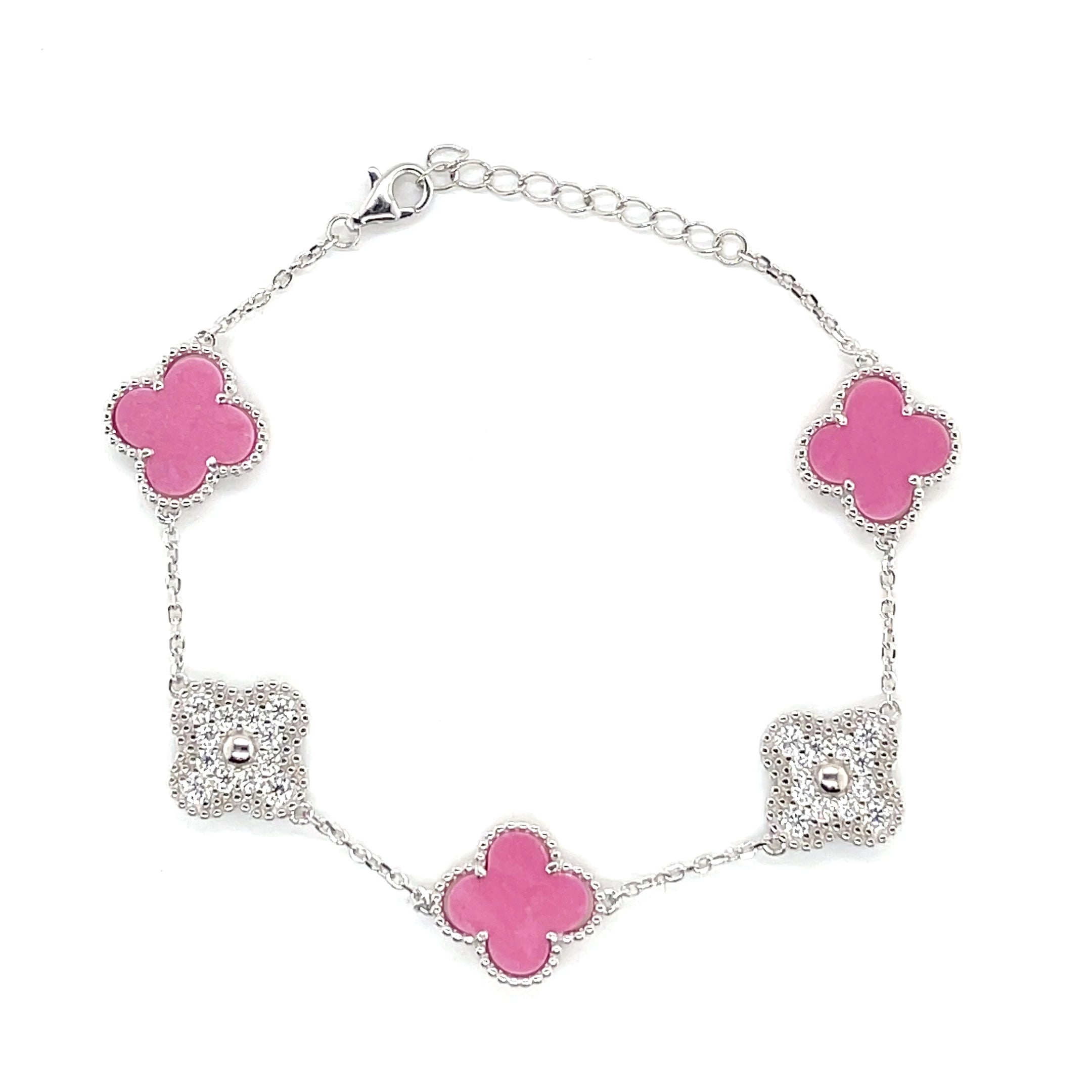 Silver Pink and Moissanite Clover Bracelet