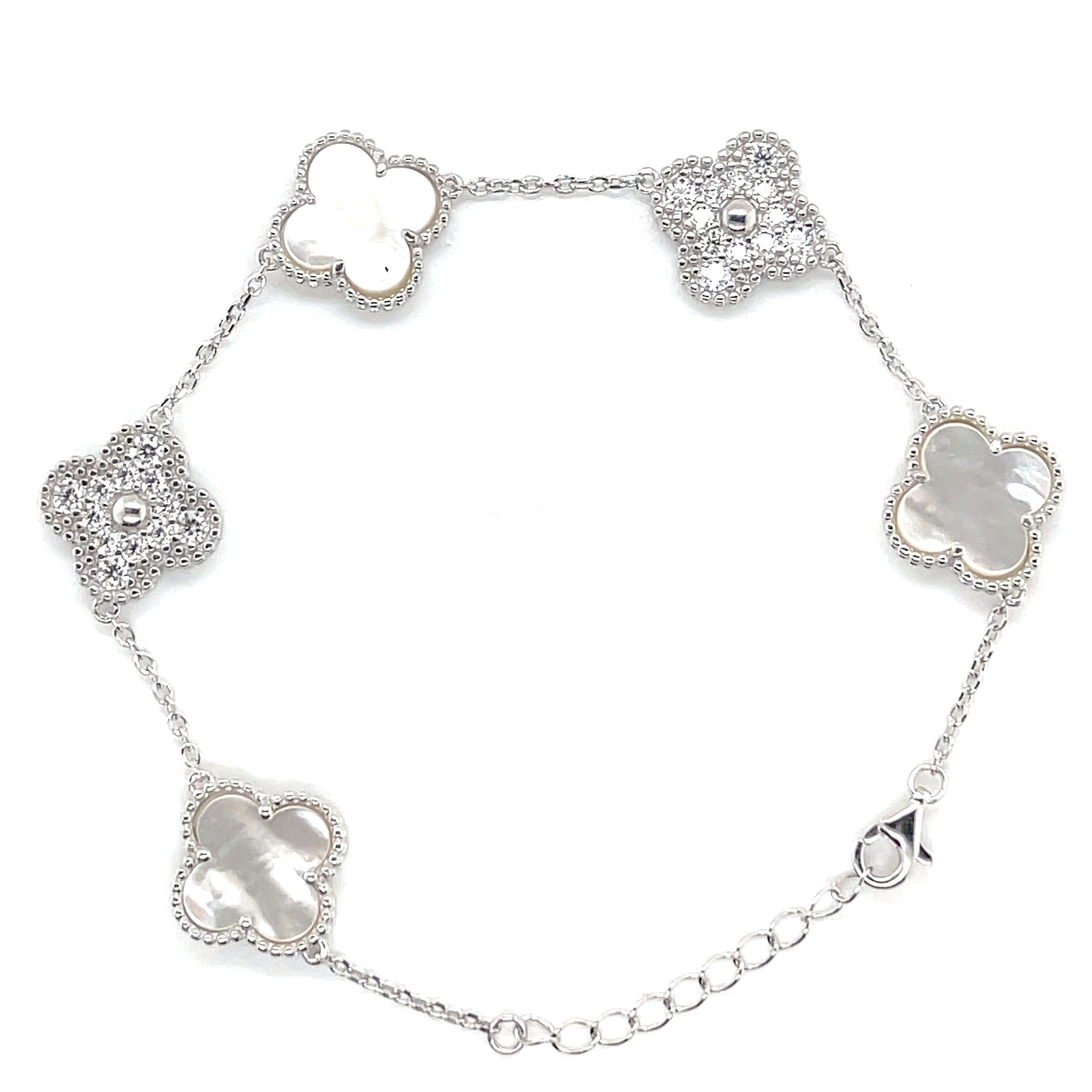 Silver Mother of Pearl and Moissanite Clover Bracelet