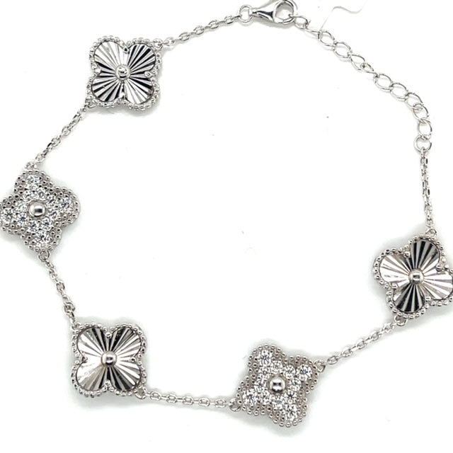 Silver Rosette and Moissanite Clover Bracelet