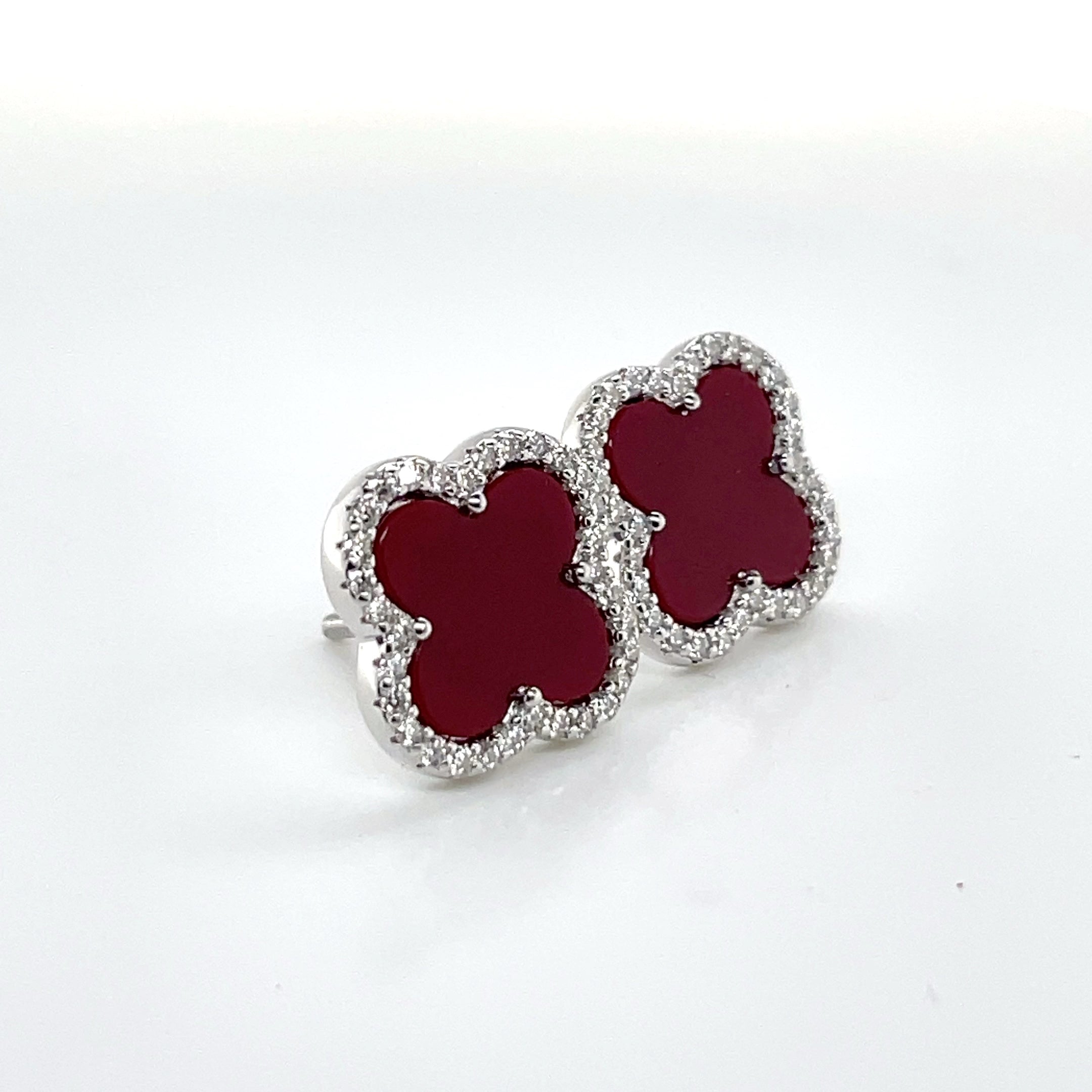 Silver Red and Moissanite Clover Earrings