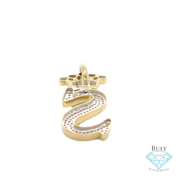 10K Yellow Gold Diamond S Letter Charm With Crown Small Size