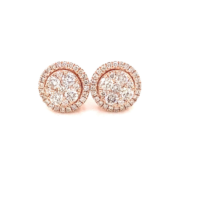 14K Rose Gold Round Halo Cluster Diamond Earrings - 1.03ctw