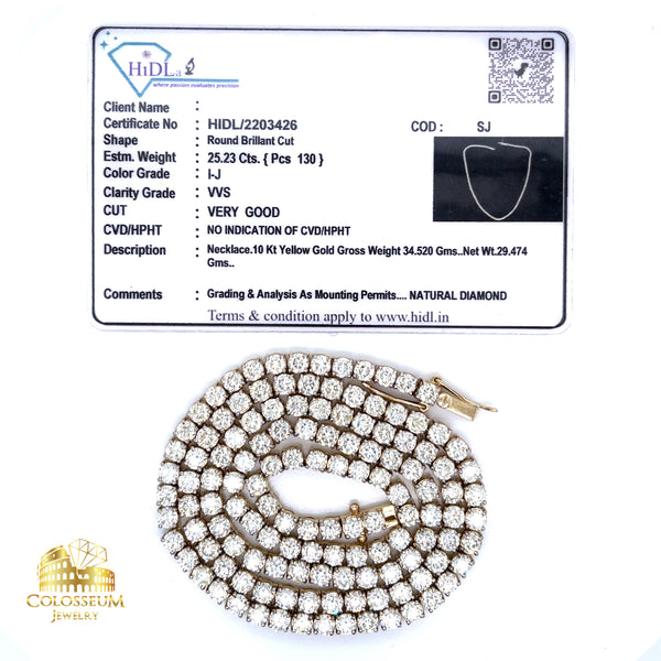 Diamond Tennis Chain / 10K Yellow Gold / 25.23 CTW VVS Diamonds