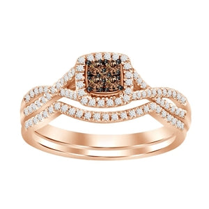 LADIES BRIDAL RING SET 1/3 CT WHITE/CHOCOLATE ROUND DIAMOND 10K ROSE GOLD