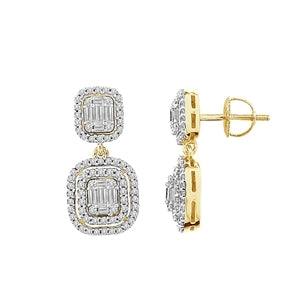 LADIES EARRING 1 CT ROUND/BAGUETTE DIAMOND 14K YELLOW  GOLD