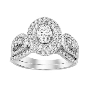 LADIES BRIDAL RING SET 1 CT ROUND/OVAL DIAMOND 14K WHITE GOLD