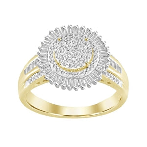 LADIES RING 1/2 CT ROUND/BAGUETTE DIAMOND 10K YELLOW GOLD