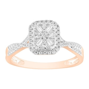 LADIES ENGAGEMENT RING 1/4 CT ROUND/BAGUETTE DIAMOND 10K ROSE GOLD