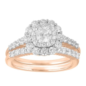 LADIES BRIDAL RING SET 1 1/4 CT ROUND/CUSHION DIAMOND 14K ROSE GOLD