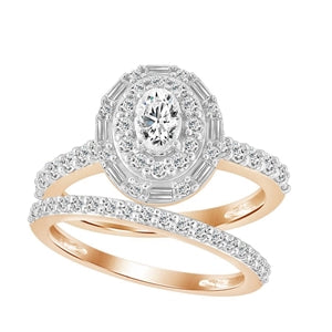 LADIES BRIDAL RING SET 1 1/4 CT ROUND/BAGUETTE DIAMOND 14K ROSE GOLD