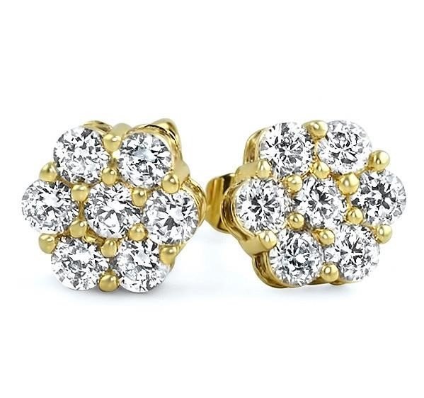 10K Yellow Round Flower Cluster Diamond Stud Earrings - 1.05CTW