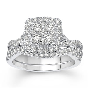 LADIES BRIDAL RING SET 1 CT ROUND DIAMOND 14K WHITE GOLD