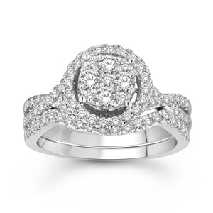 LADIES BRIDAL RING SET 1 CT ROUND DIAMOND 14K WHITE GOLD