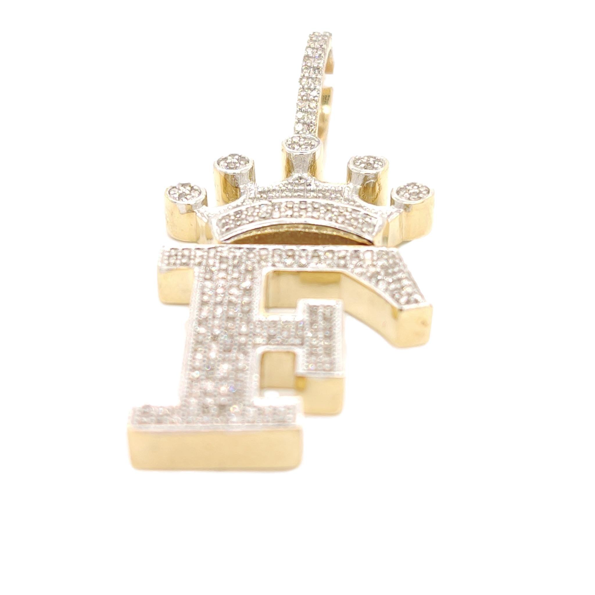 10K Yellow Gold Diamond F Letter Charm wth Crown
