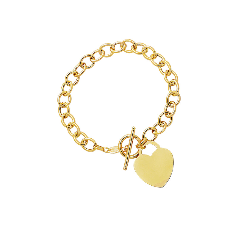 14K Gold Heart Charm & Toggle Large Oval Link Chain Bracelet
