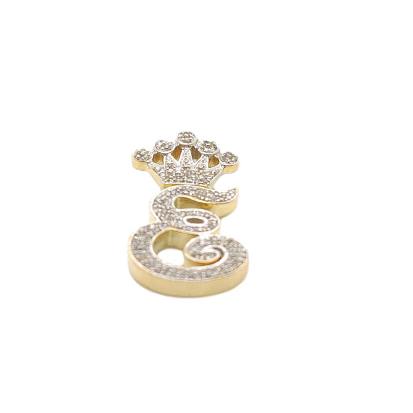 10K Yellow Gold Diamond E Letter Charm with Crown Small Size