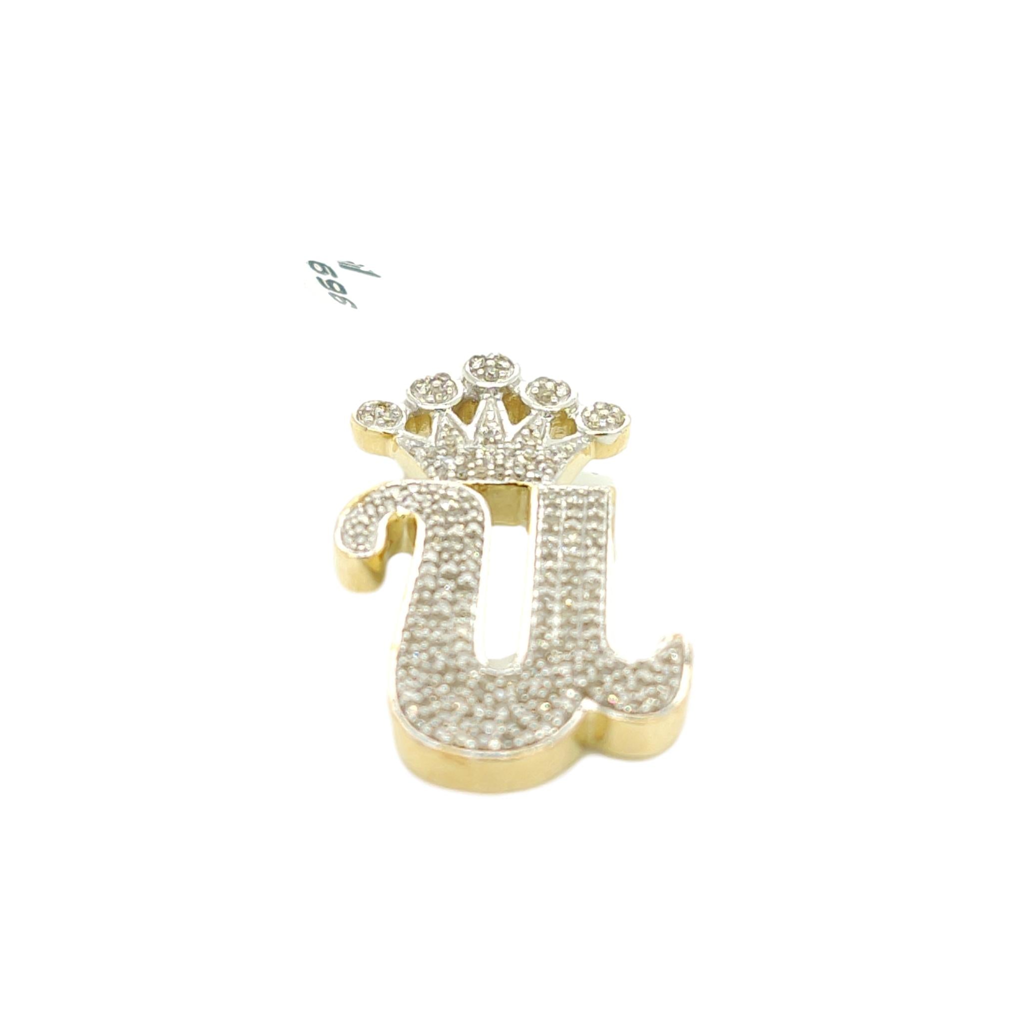 10K Yellow Gold Diamond U Letter Charm with Crown Small Size