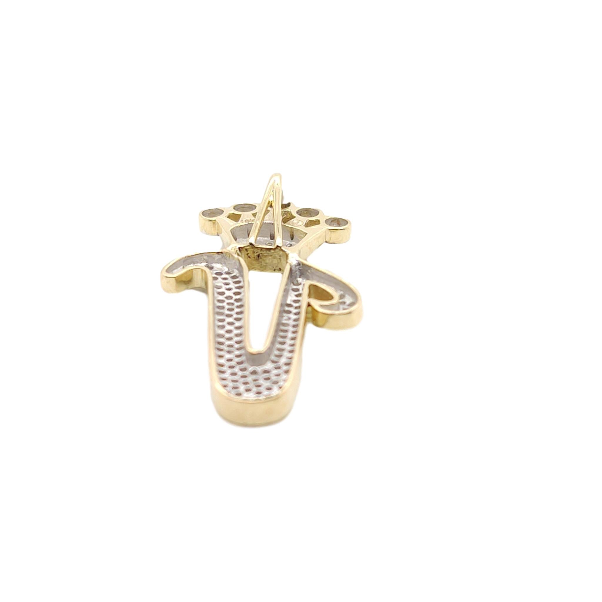 10K Yellow Gold Diamond V Letter Charm with Crown Small Size