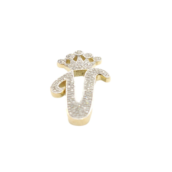 10K Yellow Gold Diamond V Letter Charm with Crown Small Size